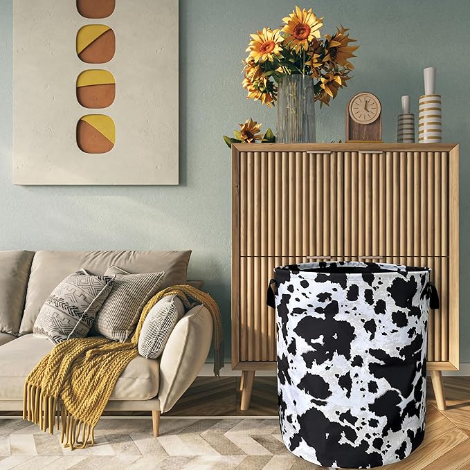 Retro Black White Cows Print Laundry Basket Foldable