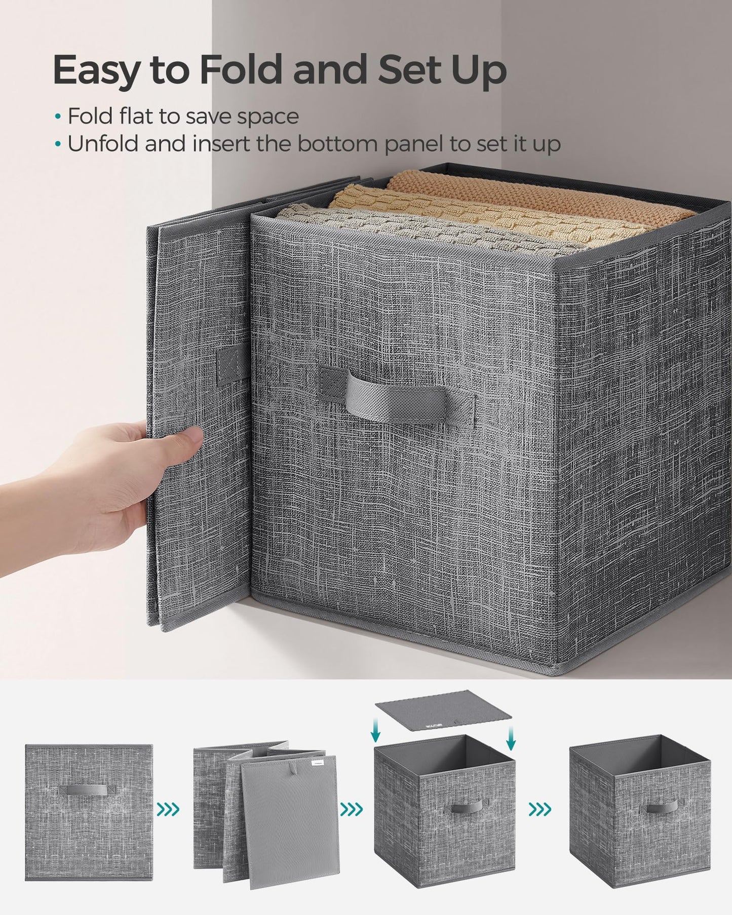 SONGMICS Storage Cubes, 10.2 x 10.2 x 11 Inches Non-Woven Fabric Bins with Double Handles, Set of 8, Closet Organizers for Shelves, Foldable, for Clothes, Cattail Gray UROB826G01