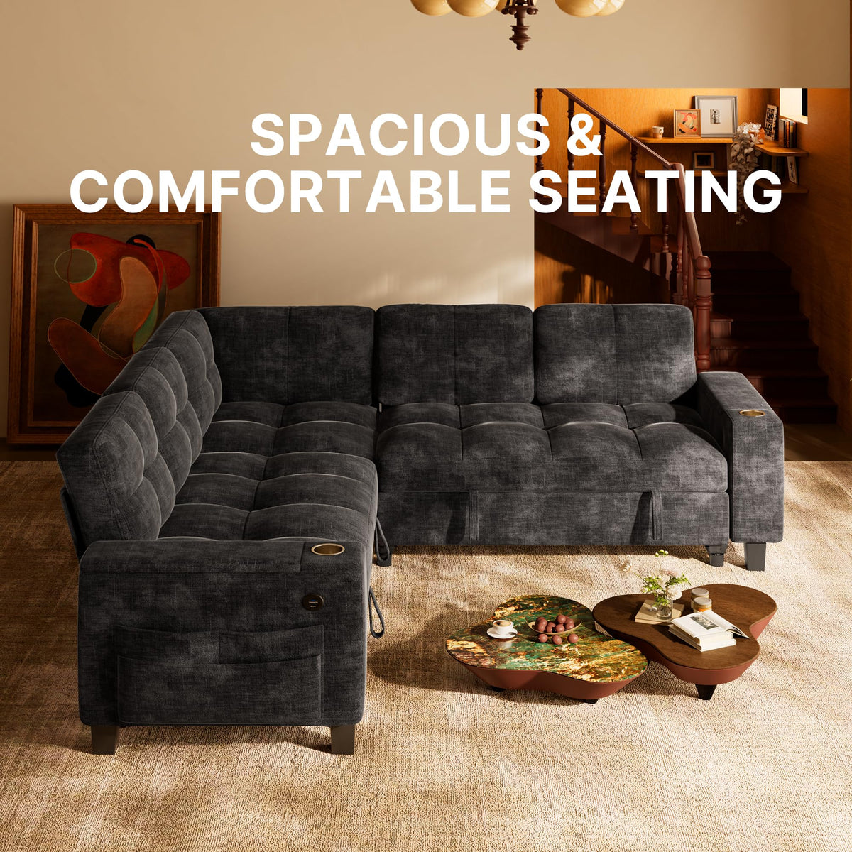 Marsail 84.6" Sectional Sleeper Sofa with Pull Out Bed, 5 Seat Modular Sectional Couch with Storage, USB & Cup Holders, Modern Chenille Cloud Sofa for Living Room, Dark Gray