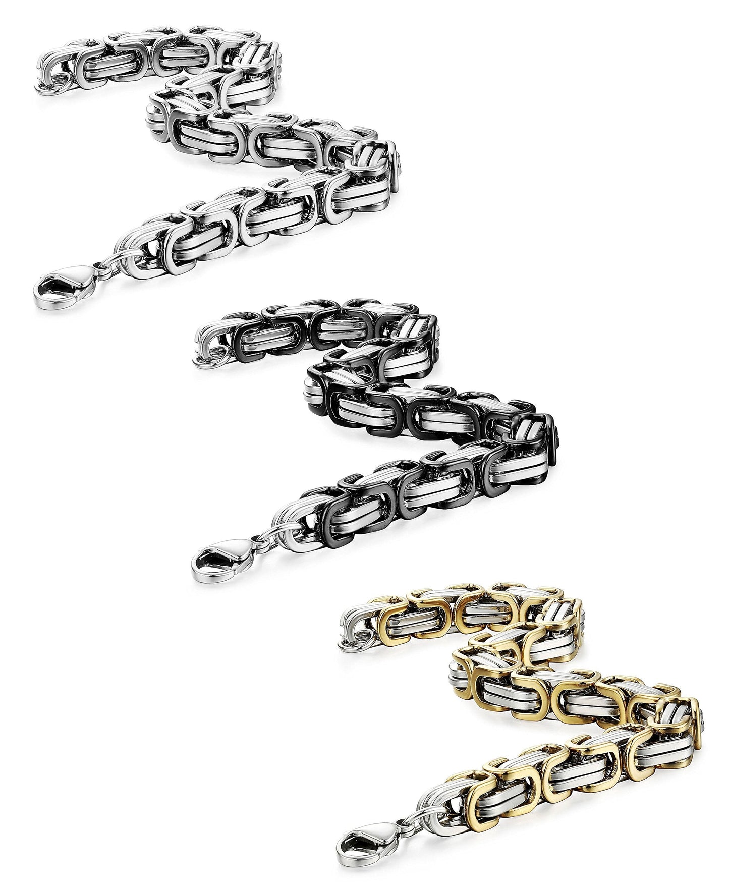 FIBO STEEL 3 Pcs 8MM Stainless Steel Chain Link Bracelets for Men Byzantine Bracelets,8.5 inches