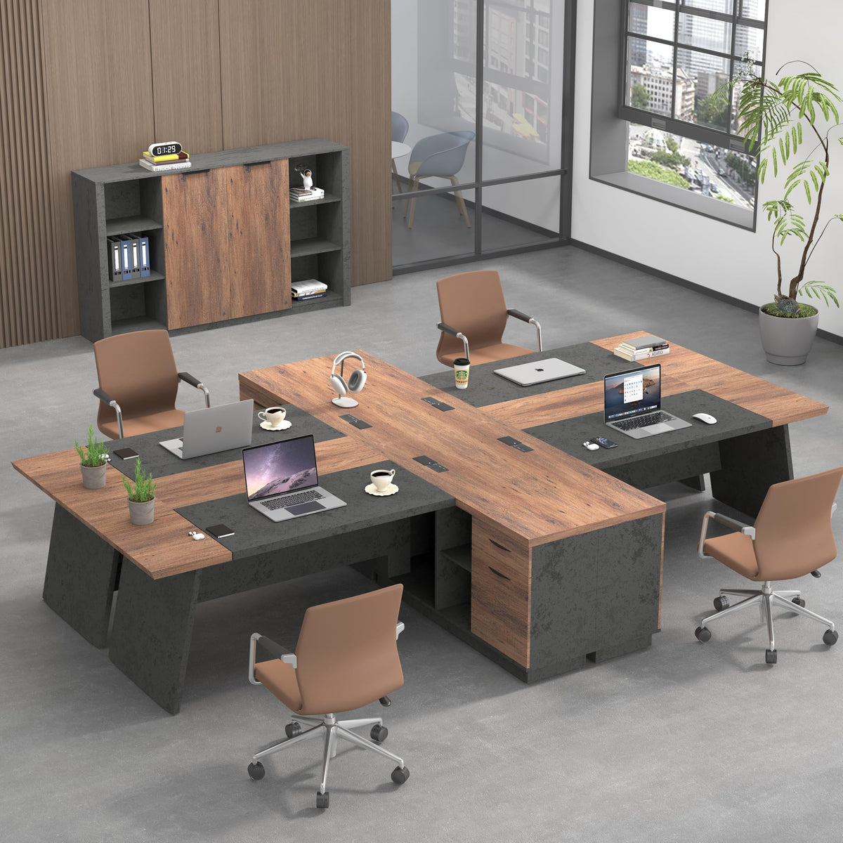 SAINTCY L-Shaped Executive Desk, 78.74 Inches Large Office Desk, Modern Computer Desk Set with Drawers & Storage Shelves, Business Workstation for Home Office, Brown, Right Return