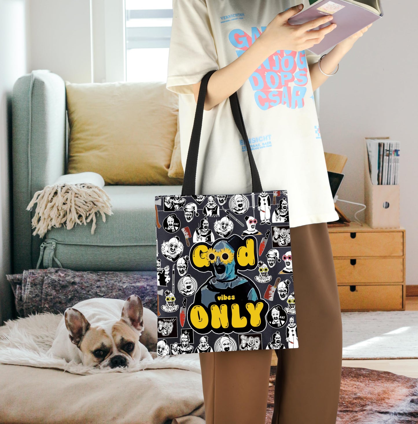 ENSIANTH Sunflower Glasses Clown Tote Bag Horror Slasher Serial Killer Movie Lover Gift Scary Halloween Thriller Handbag (Good Vibes bag)