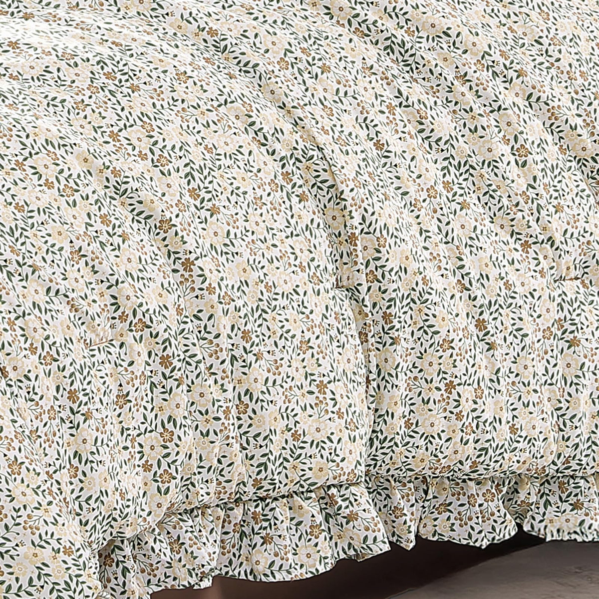 BLOOMHAVEN Queen Comforter Set - 7 Pieces Ruffle Beige Ditzy Bedding Sets, Shabby Chic Farmhouse Bed in a Bag Queen with Floral Comforter,Sheets, Pillowcases & Shams