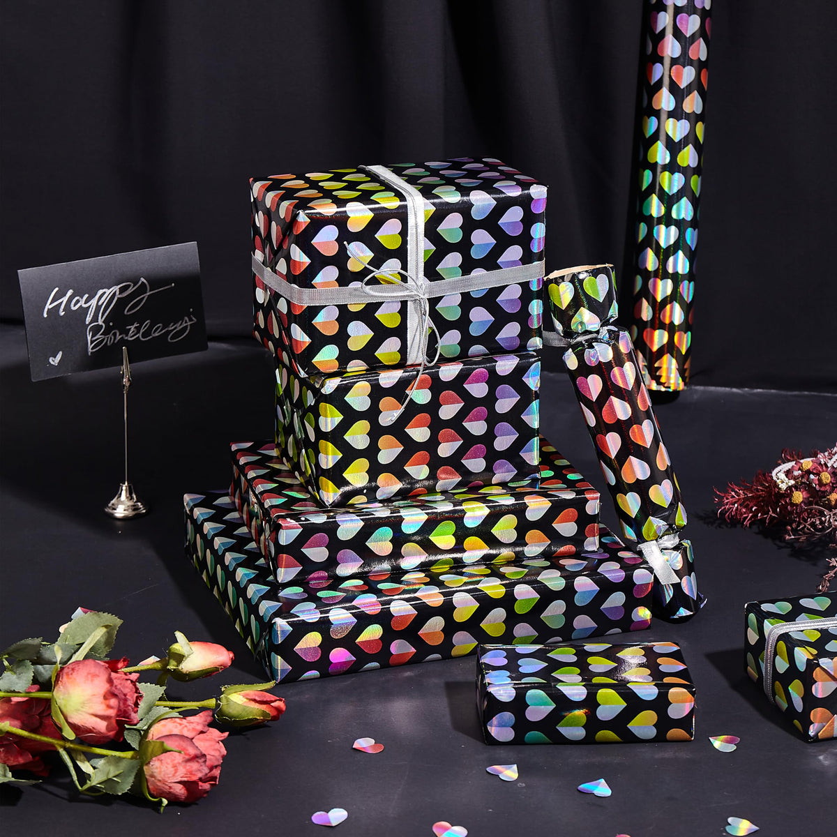 LUVONA Rainbow Heart Wrapping Paper – Black Kraft, Mini Roll 17 inch x 33 feet – Colorful Foil Gift Wrap for Valentine’s, Wedding, Birthday