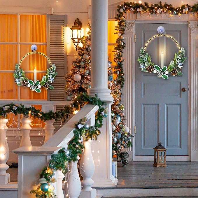 2Pack Christmas Wreaths for Front Door with Lights & Flickering LED Taper Candles & Remote, 16'' Windows Wreaths, Fireplace Christmas Decorations - Silver