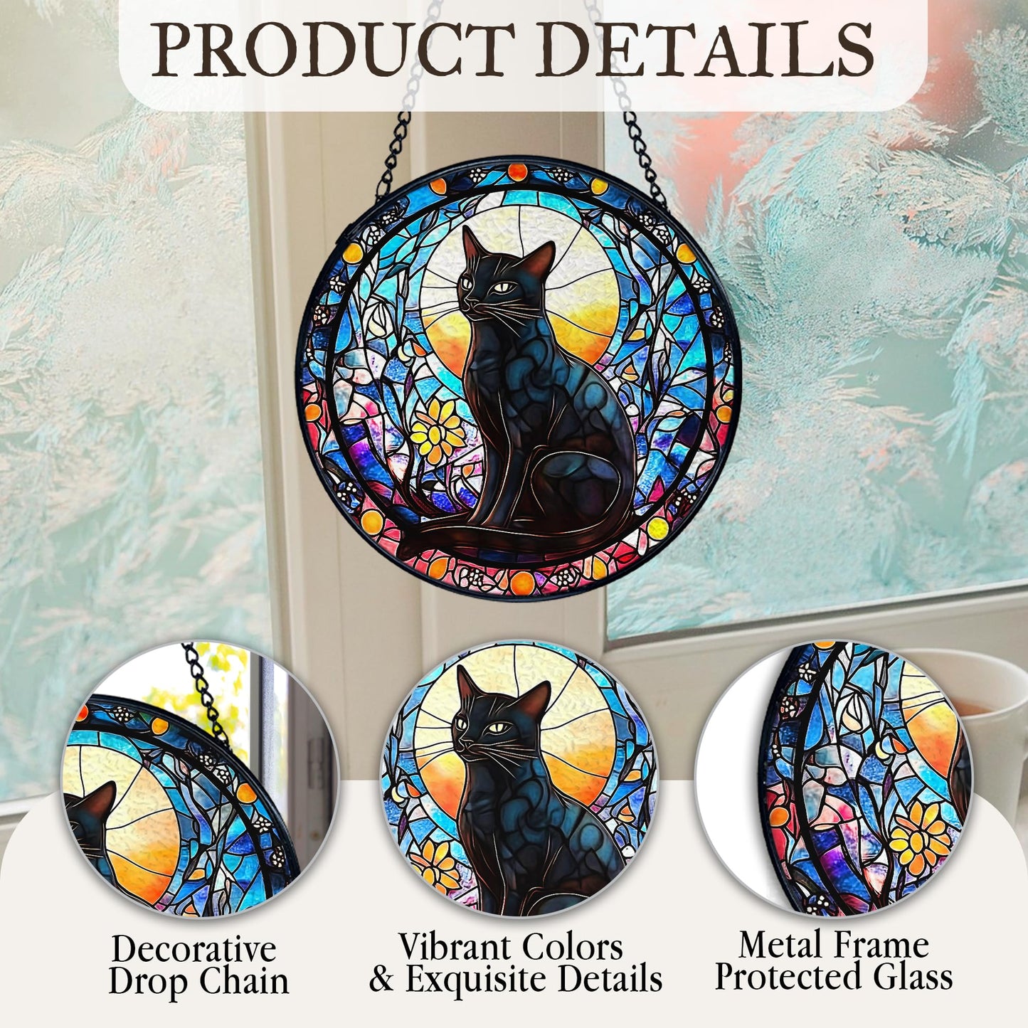 kdqua Black Cat Suncatcher Stained Glass Window Hanging, Gothic Kitty Sun Catchers Indoor Window Glass Round Wall Decor, Cat Wall Art Hanging Decorations Statues, 7.9x7.9in