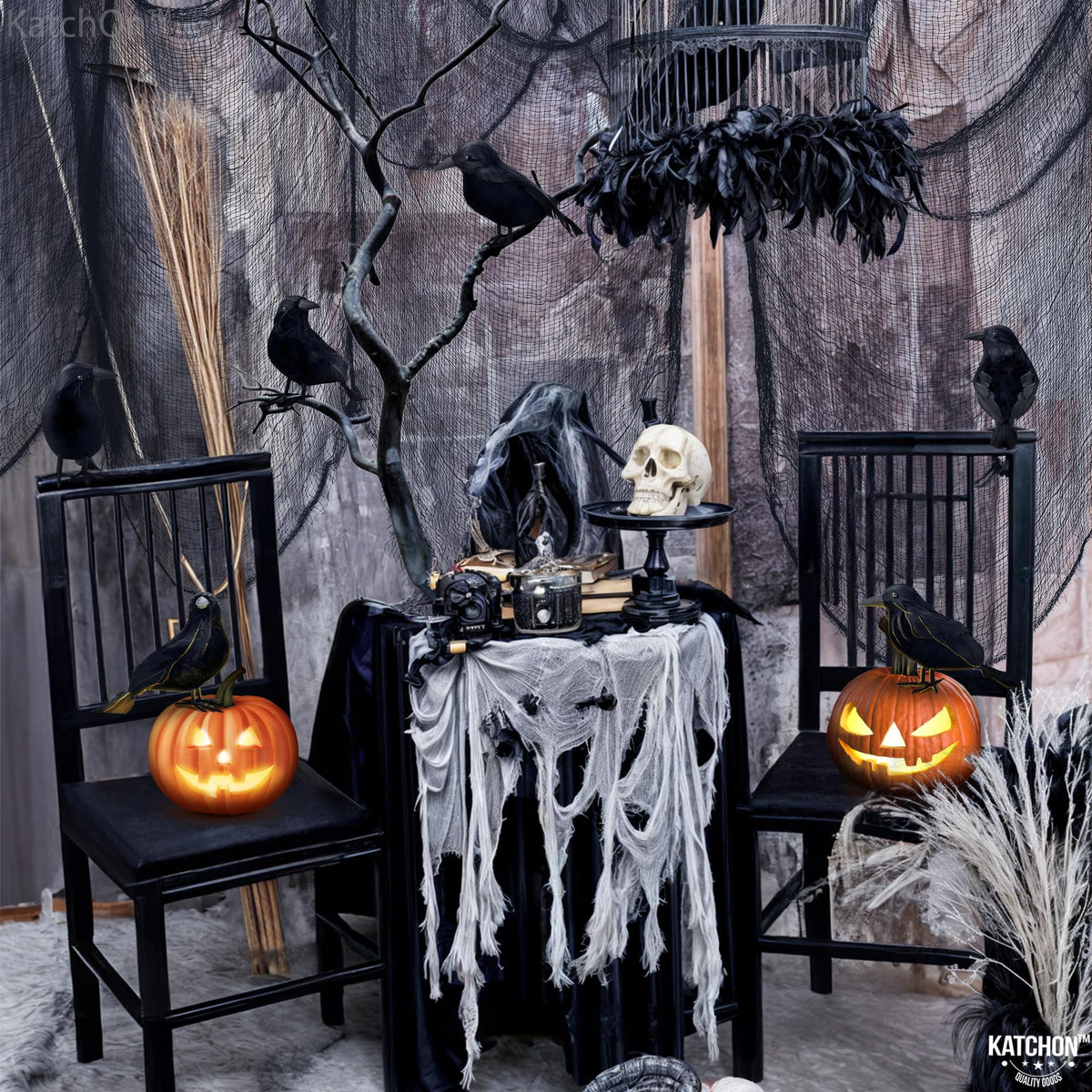 Halloween Creepy Cloth and Crows - Pack of 7 and Black and White Stripe Balloons - 18 Inch, Pack of 10 | Black and White Striped Balloons, Halloween Decorations | Halloween Crows and Raven Decorations