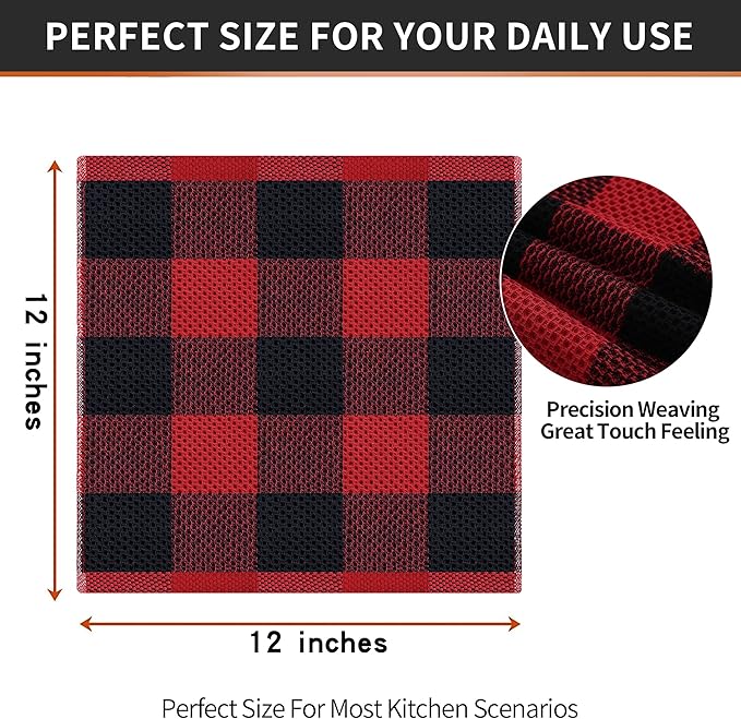 Homaxy 100% Cotton Waffle Weave Check Plaid Dish Cloths, 12 x 12 Inches