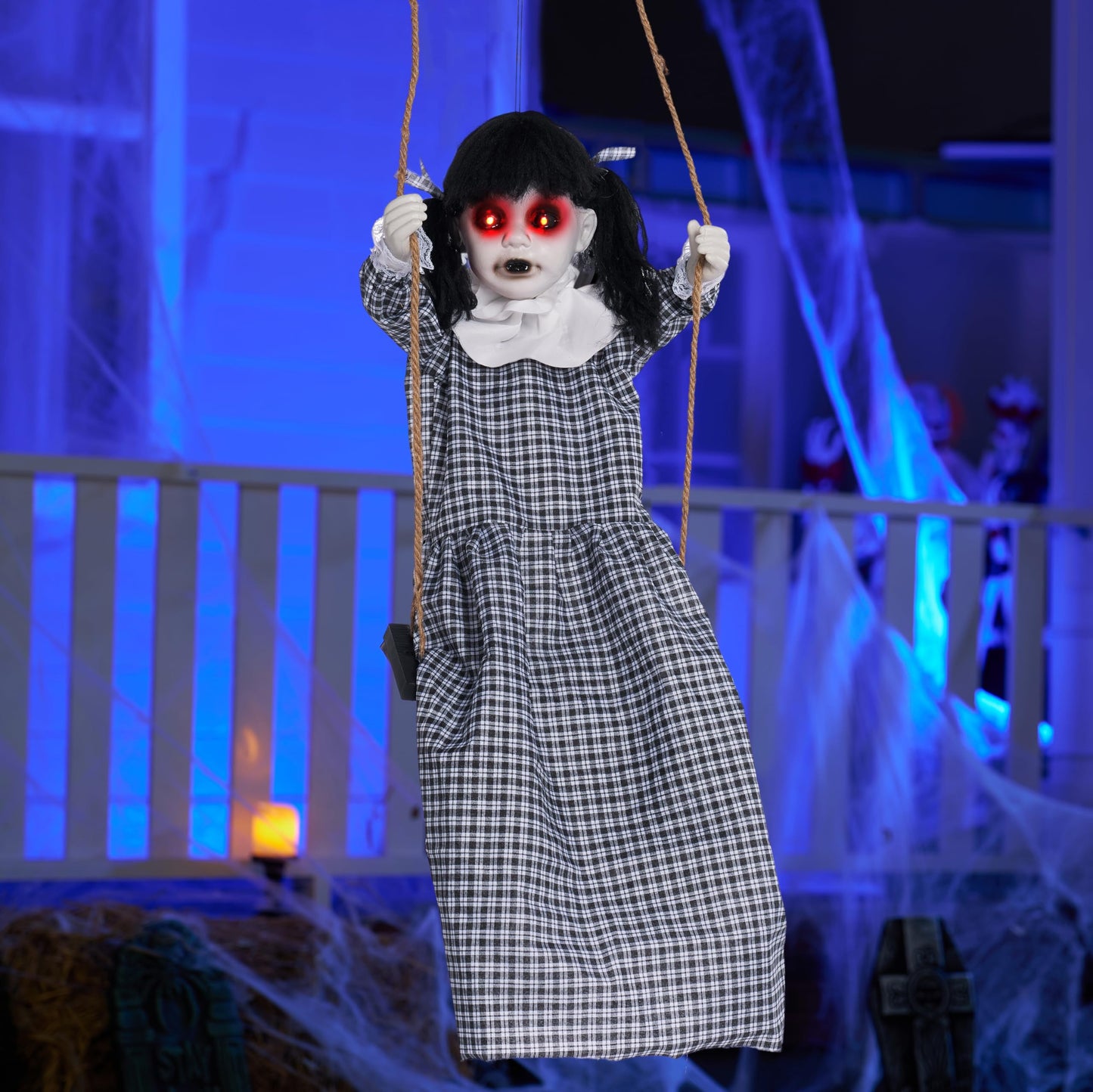 JOYIN Outdoor Halloween Hanging Scary Swing Girl Decorations, Outdoor Swinging Doll with Creepy Sound and Light Up Eyes Sound, Animated Hanging Decors Activated for Garden Yard Lawn