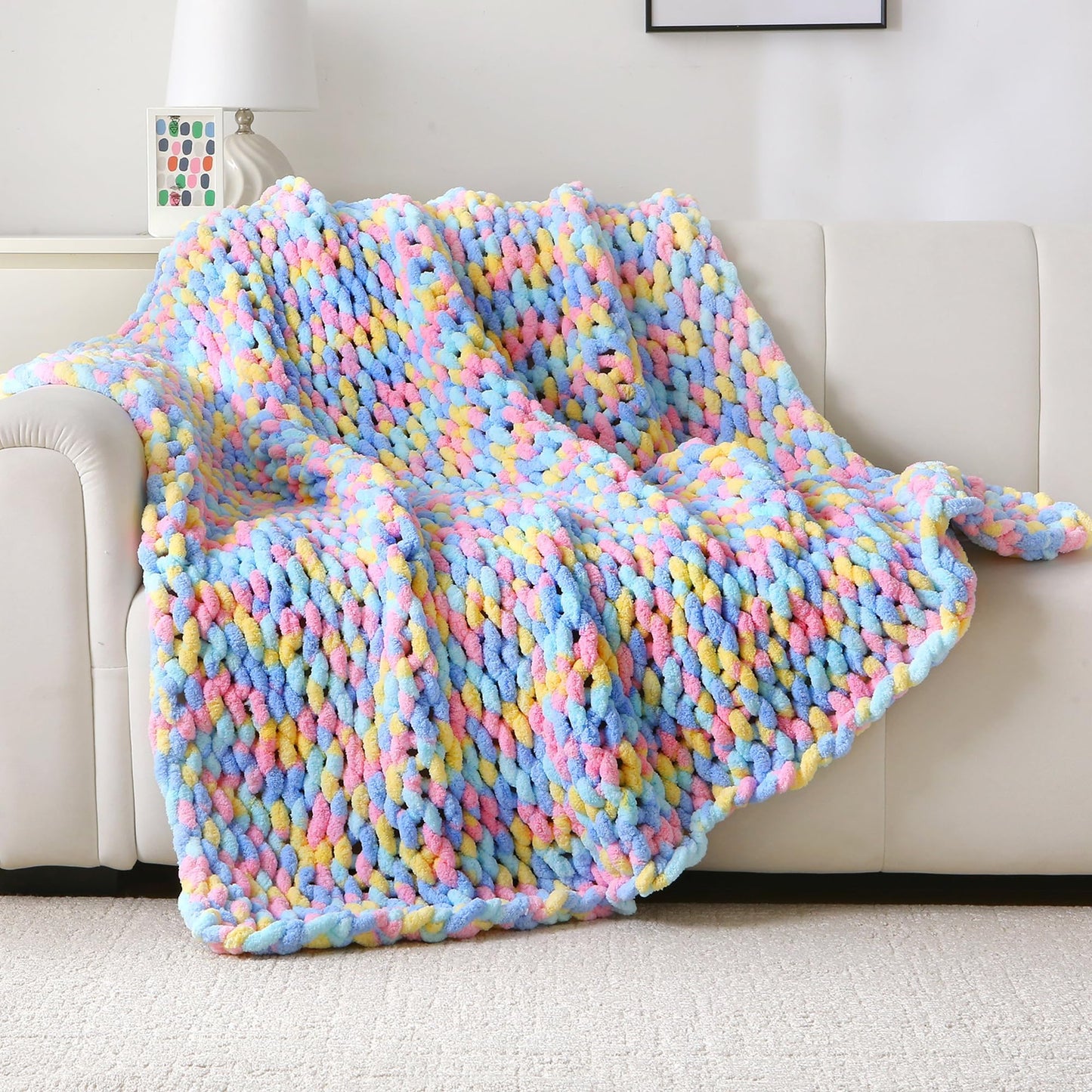Mooreeke Chunky Knit Blanket 50"x60" Soft Washable Chenille Throw Blanket Cozy 100% Handmade Crochet Gift Blankets with Jumbo Chenille Yarn for Couch Bed Sofa Room Decor -Purple and Pink