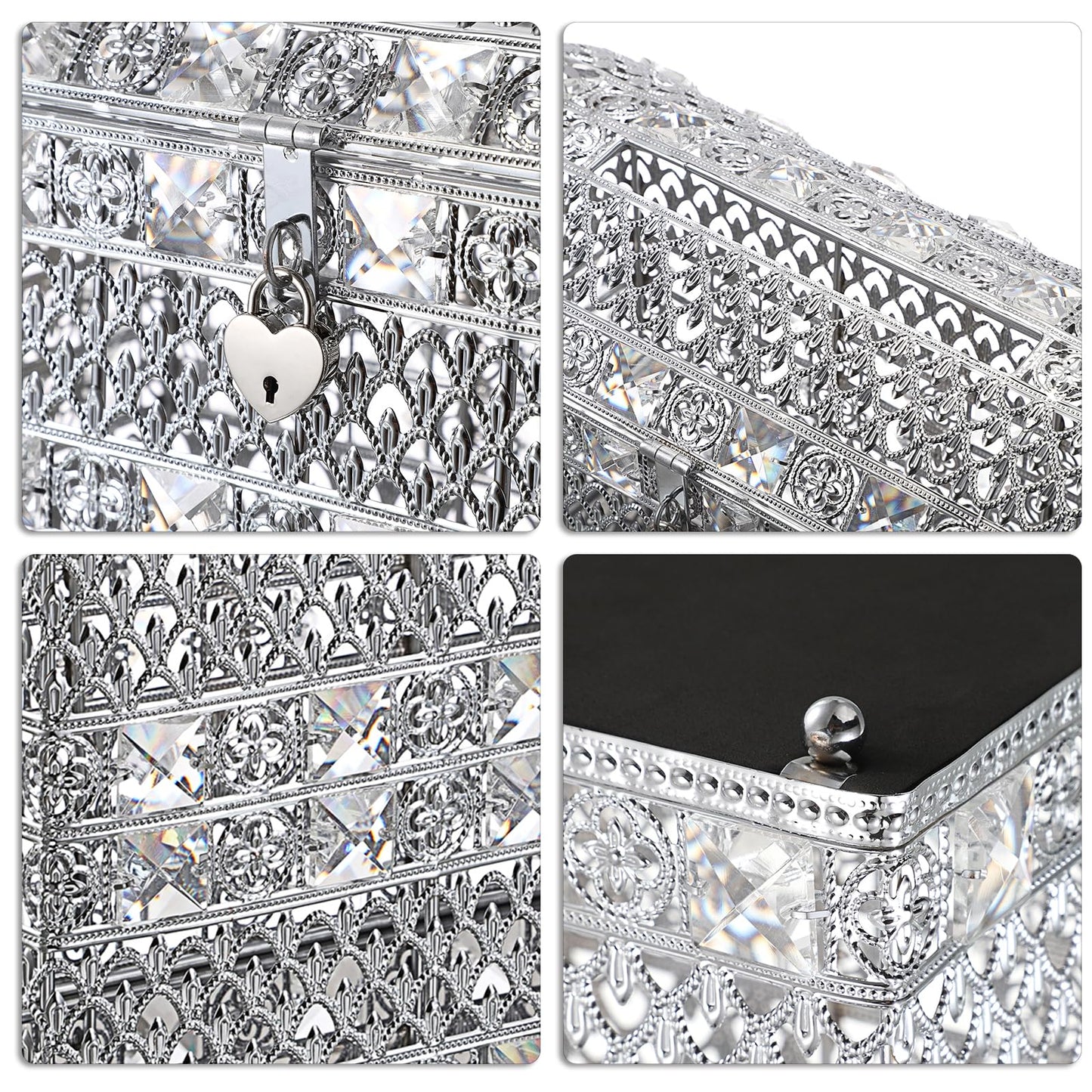 JUXYES Silver Sparkle Crystal Wedding Card Box With Lid for Reception, Gorgeous Treasure Chest Style Keepsake Envelope Box 12 Inches Large Card Receiving Box for Wedding, Reception, Birthday Party