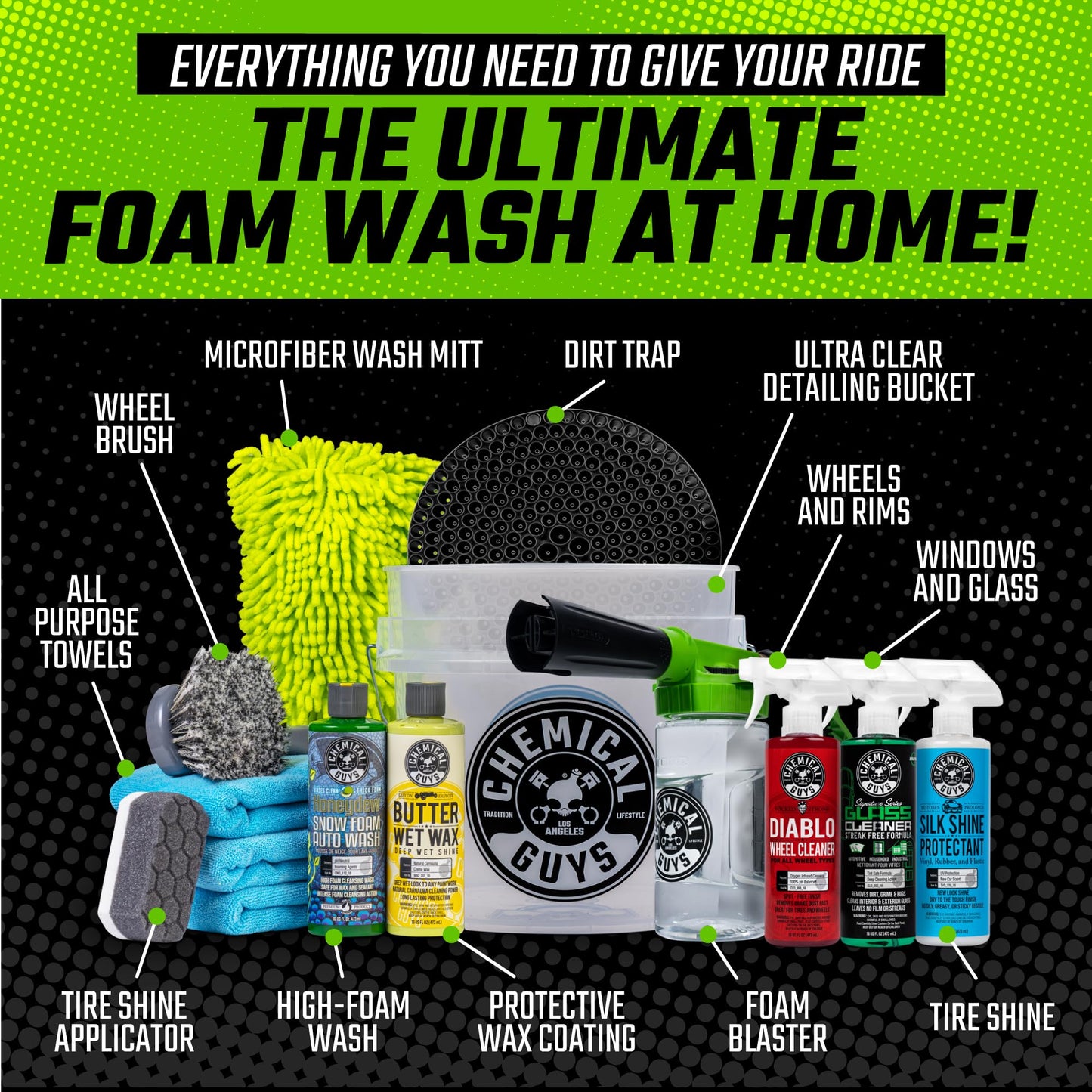 Chemical Guys Car Wash Kit 14-Pc Arsenal Builder - with Foam Blaster, Wash Bucket, Towels, Applicators, and 16 oz Soaps, Waxes, and Cleaners - Complete Car Detailing Gift Set, Works with Garden Hose
