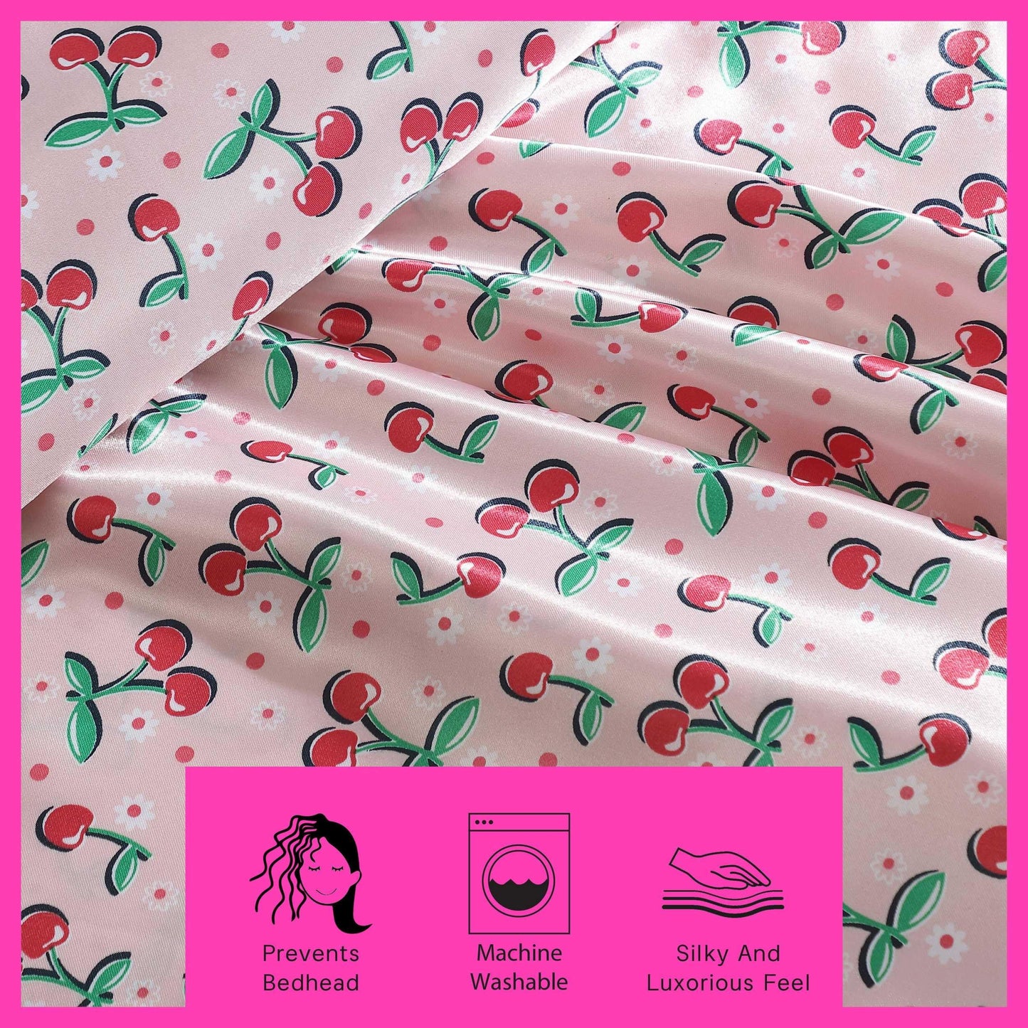 Betsey Johnson - Full Bed Sheets, Satin Bedding Set with Matching Pillowcases, Wrinkle & Fade Resistant, Silky Smooth for Healthy Hair (Cherry Good Day Pink)