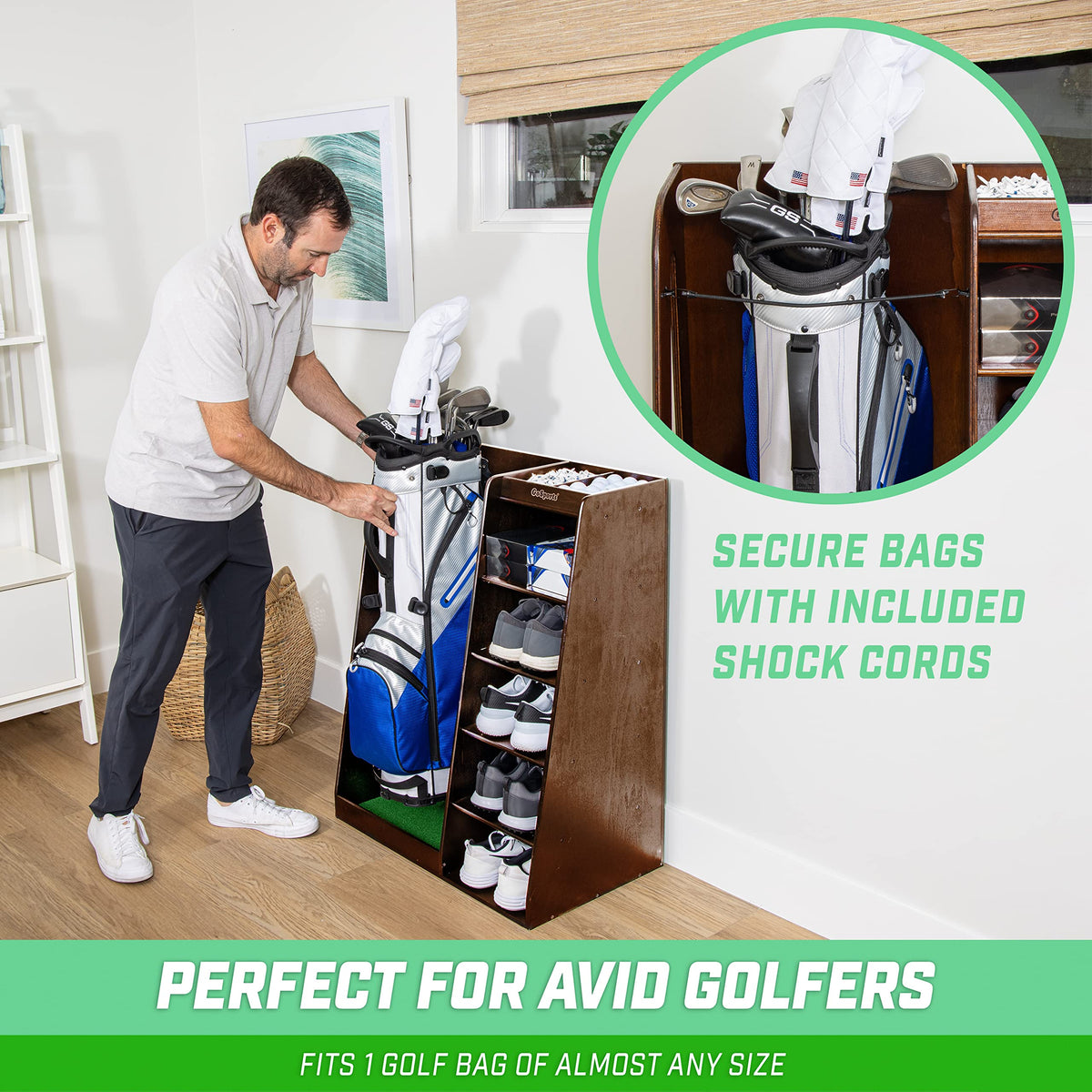 GoSports Premium Wooden Golf Bag Organizer and Storage Rack - Choose Your Style