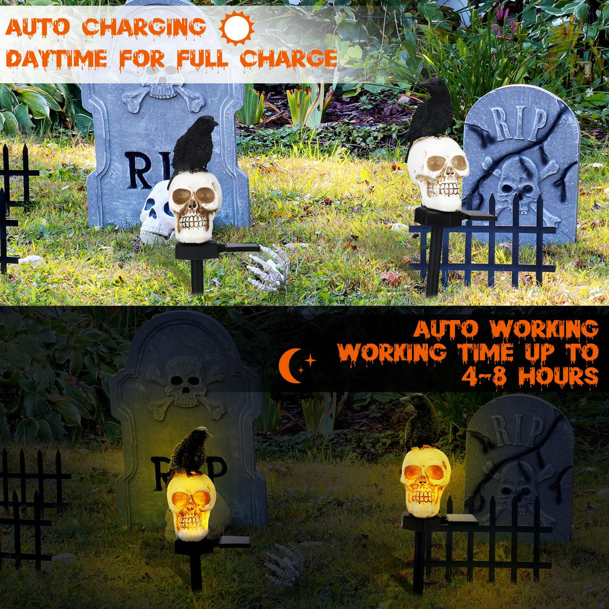 Retisee 2 Pcs Halloween Garden Decor Solar Skull Lights with Black Crow on Skull Waterproof Solar Skeleton Lights Outdoor LED Light up Skeletons Halloween Outdoor Decor for Garden Pathway Lawn Yard