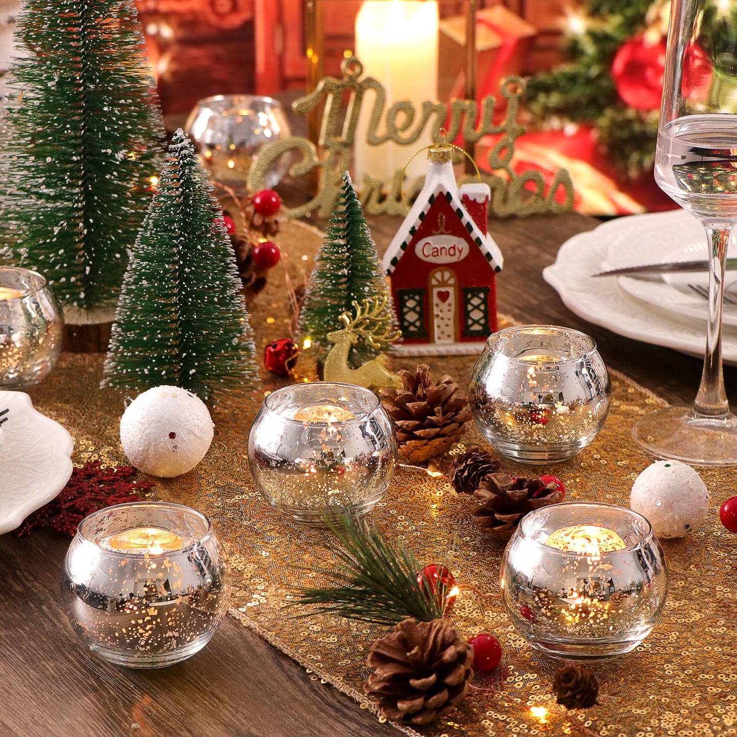 LAMORGIFT Silver Votive Candle Holders Set of 12 - Mercury Glass Votives Candle Holder - Christmas Tealight Candle Holder for Home Decor and Weddings/Parties Table Centerpieces