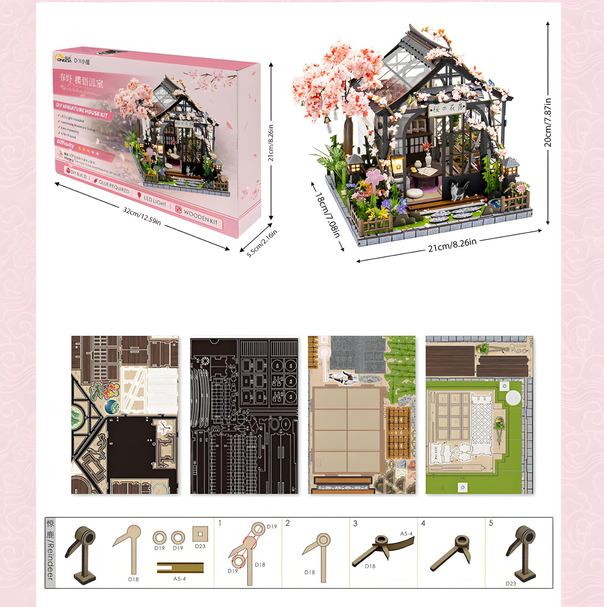 Ahilmrn DIY Miniature Dollhouse Kit Tiny 3D Wooden Puzzle Japanese Sakura Flower House with Furniture LED Light Creative Craft Gift for Adults Home Decor