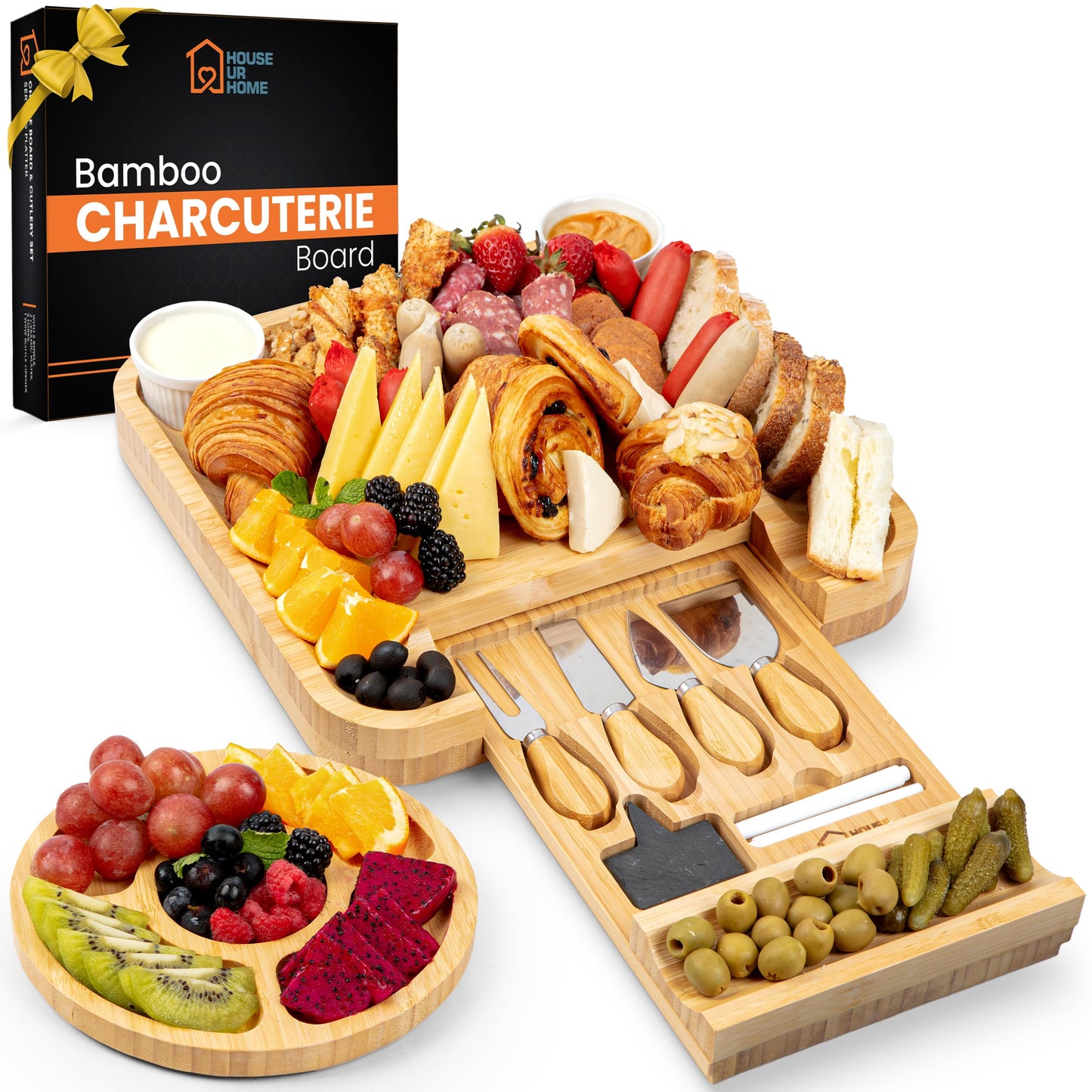 Large Bamboo Charcuterie Board Set with Hidden Drawer Storage | Cheese Board with Knives & Bowls | Perfect Housewarming, Bridal Shower
