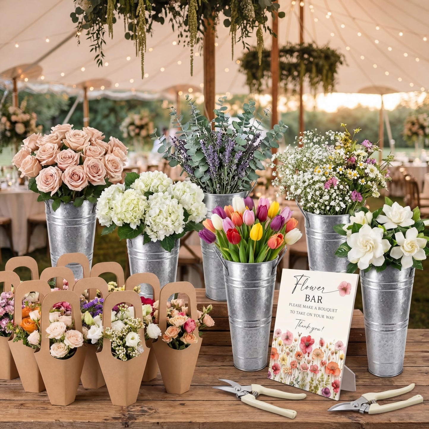 LEIFIDE Flower Bar Buckets Set Kit Bloom Bar Supplies Include Wood Sign Gift Bags Iron Bucket Garden Flower Shears for Wedding Bridal Shower Graduation Birthday Table Centerpieces(39 Pcs,Silver)