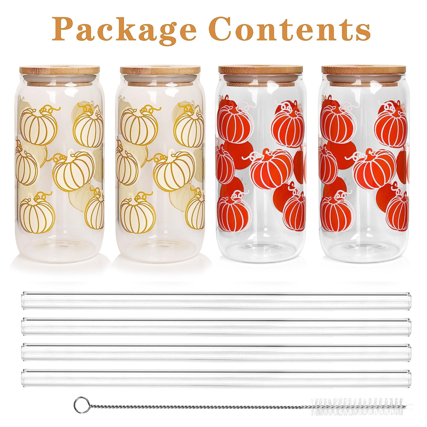 ANOTION Cute Iced Coffee Glass Cups, 18oz Pumpkin Tumbler Set - 4 Packs Fall Mug with Lids and Straws - Fall Wedding Gifts, Thanksgiving Decor, Family Gifts
