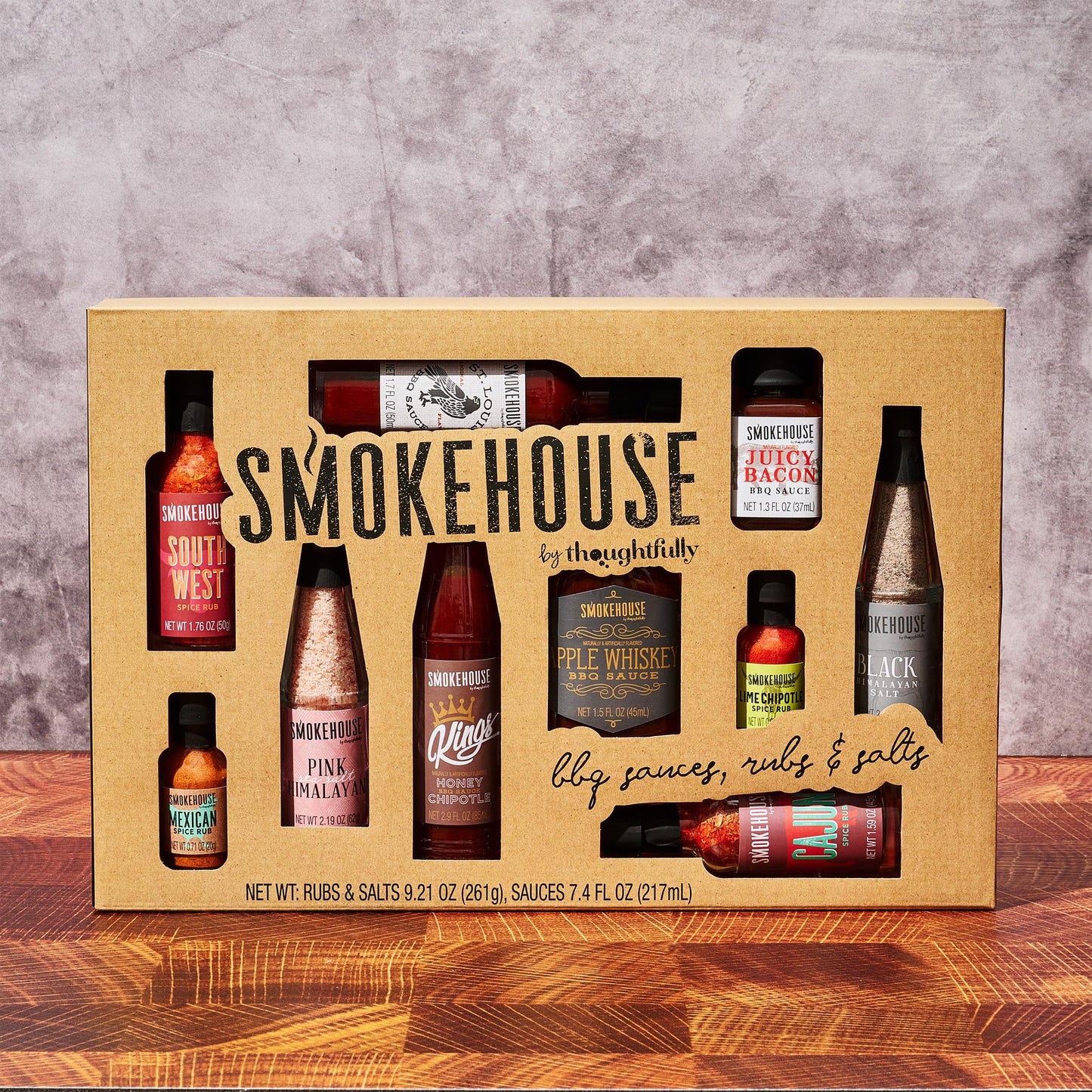 Smokehouse by Thoughtfully, Ultimate BBQ Sampler Set, Vegan and Vegetarian, Includes a Variety of Flavorful USA Made BBQ Sauces, Rubs, and Salts for Smoking and Grilling in Sample Size Glass Bottles
