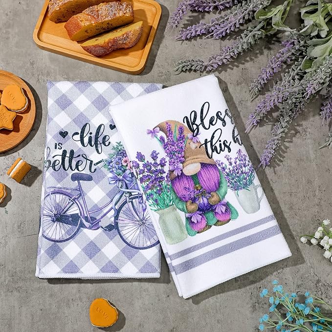 Set of 6 Lavender Kitchen Towels Purple Floral Dishtowels Rustic Absorbent