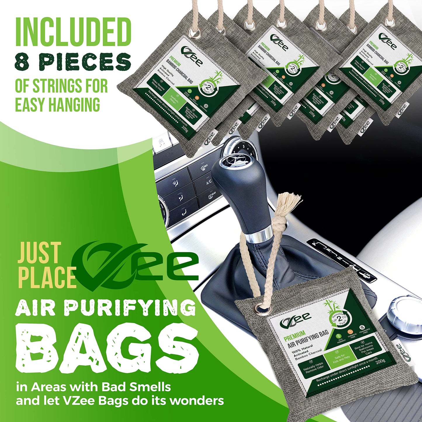 8 XL Bags x 200g Nature Fresh Activated Odor Absorber, Bamboo Charcoal Air Purifying Bag, Odor Eliminator for Home, Car, Cigarette Smoke, Dog, Cat, Shoes