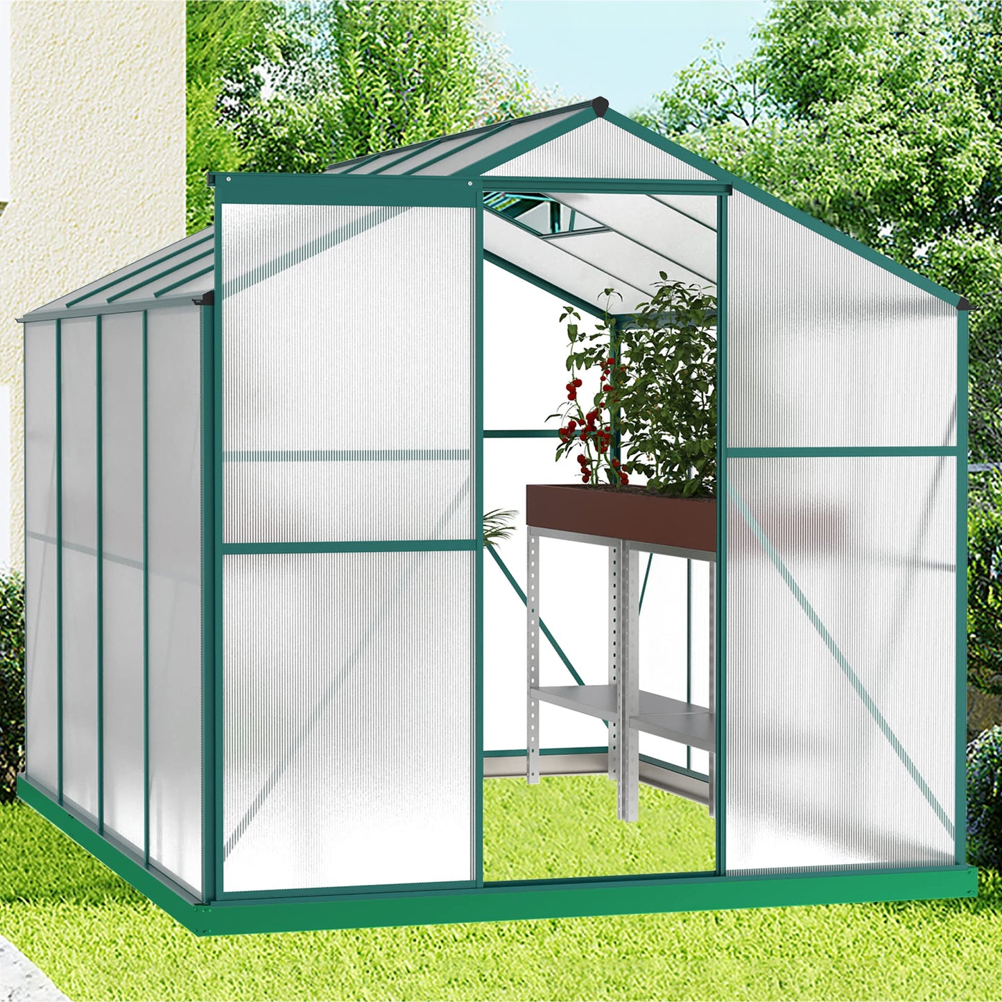 Jintop 6'x 8' Polycarbonate Greenhouse with Thickened Aluminum and Sliding Door,Heavy Duty Walk-in Plant Garden Green House,W/ Drainage System,for Backyard,Terrace,Garden,Green