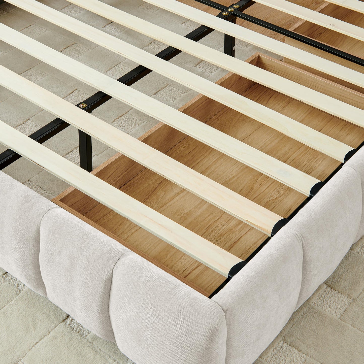 Ball & Cast King Size Upholstered Bed Frame with 4 Drawers and Headboard, Chenille Platform Storage Bedframe, Wooden Slats Support, No Box Spring Needed,Beige