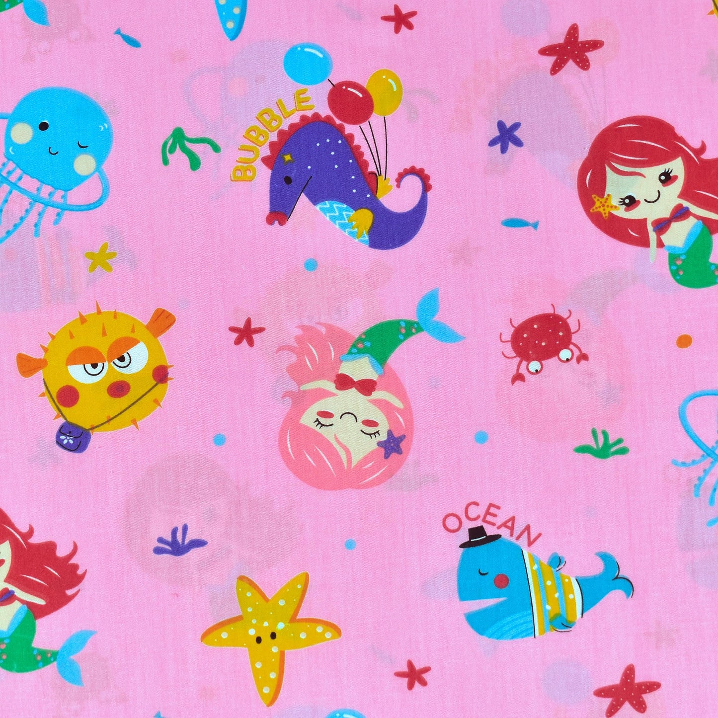 J-pinno Mermaid Fish Whale Pink Ocean Animals Cute Cartoon 100% Cotton 3 Pieces Twin Sheet Set for Kids Girls Boys Children Flat Sheet + Fitted Sheet + Pillowcase Bedding Decoration Gift Set