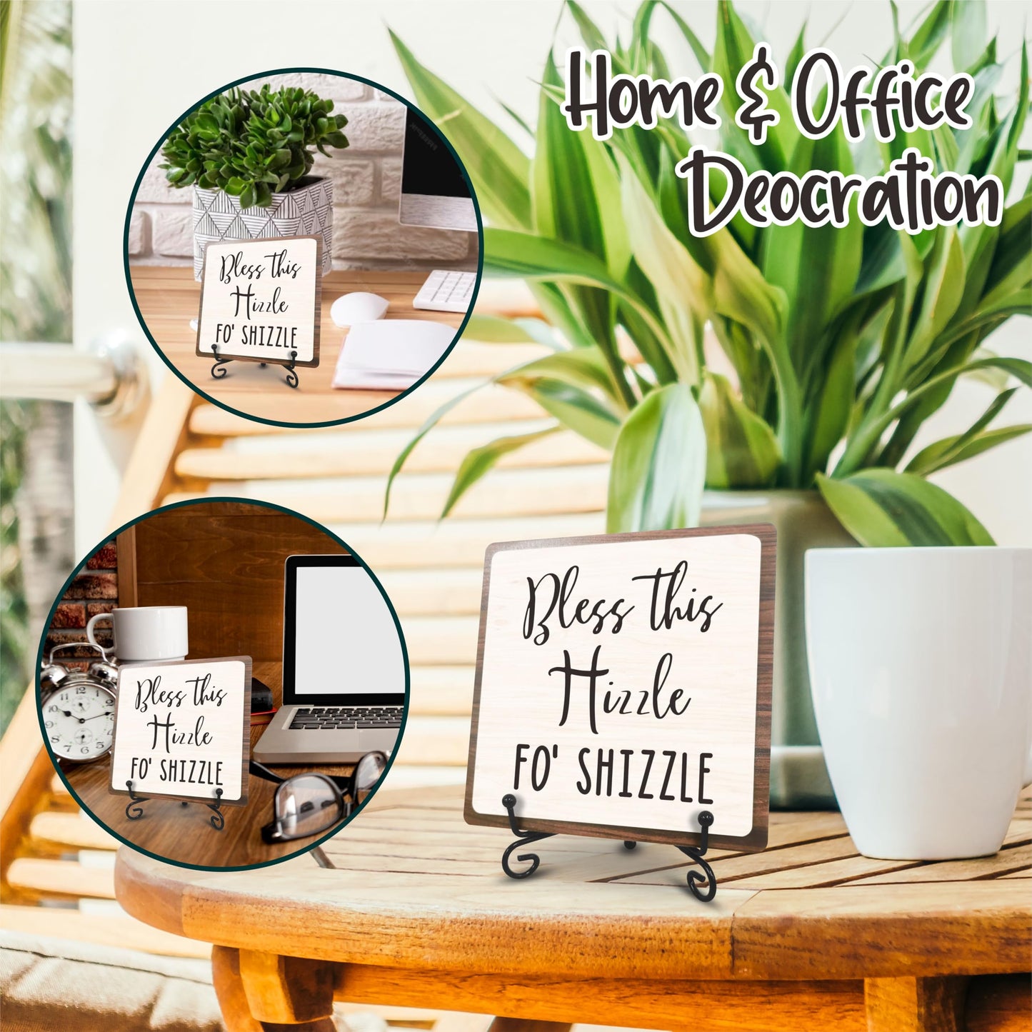 5"X5” Wooden Sign Gift - Bless This Hizzle Fo' Shizzle Wooden Plaque, Motivational Quotes Combined Wood Sign, Desk Decor Home Office Decoration & Gifts - A19