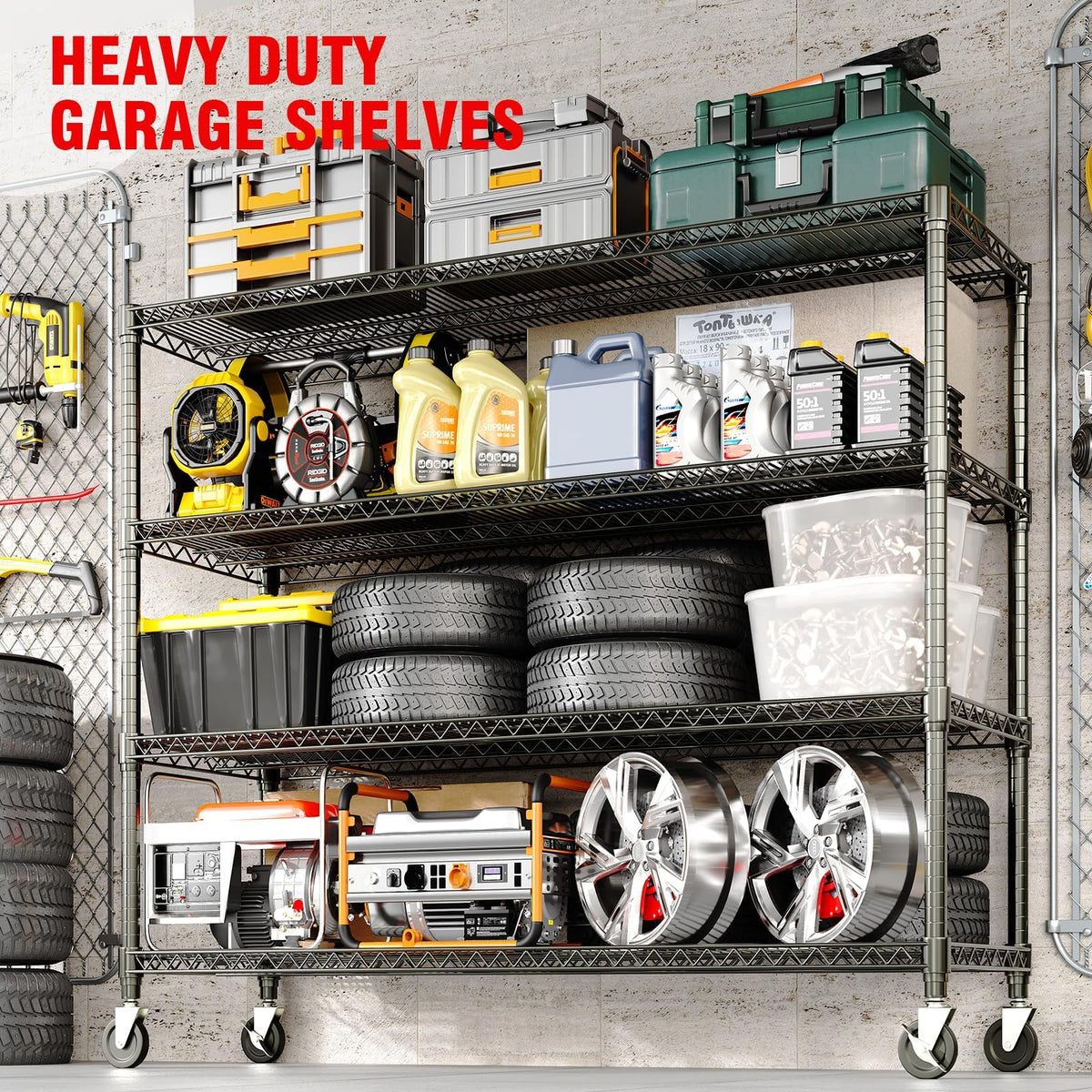 EliteEdge 4-Tier Tall Steel Wire Shelving Unit with Wheels, Heavy Duty Storage Rack, 2640 Lbs Capacity, Adjustable Industrial Shelves for Garage, Workshop, or Warehouse