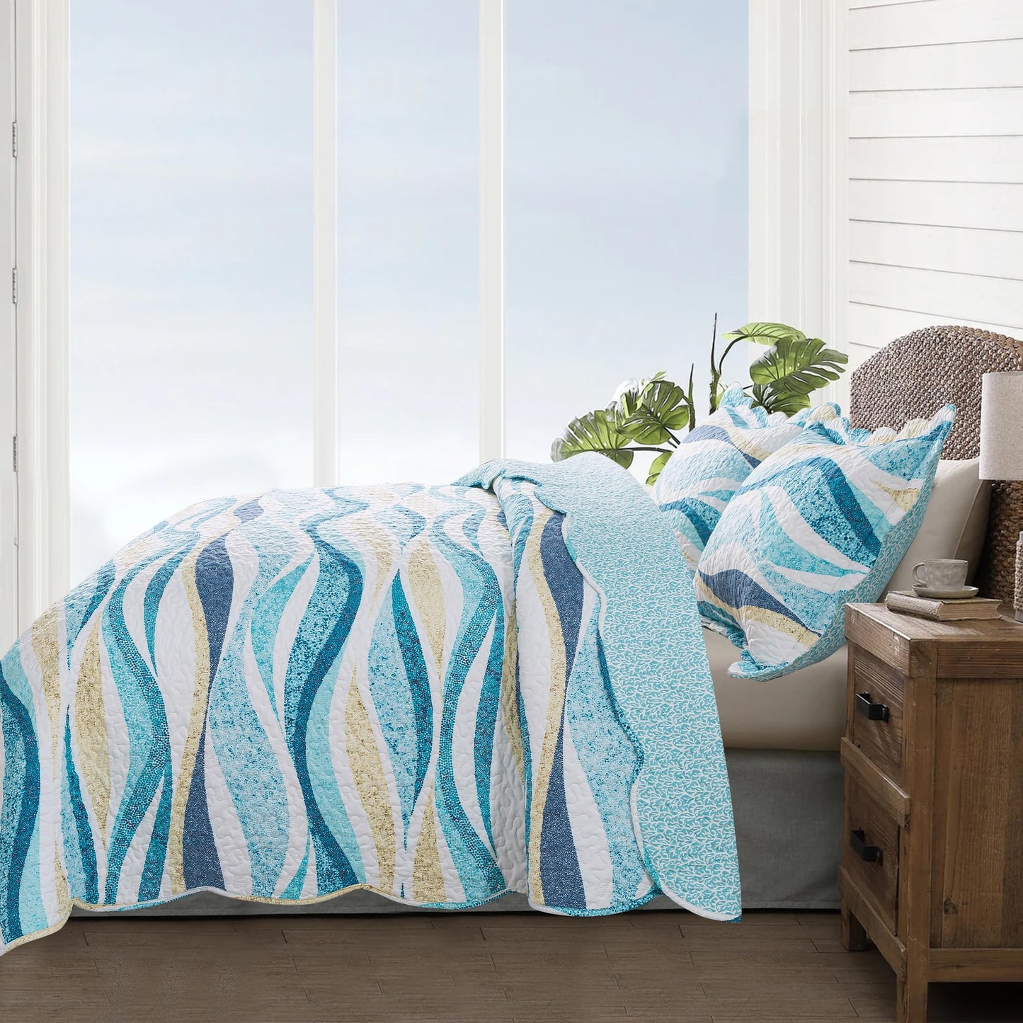 NEWLAKE Quilt Bedspread Sets - West Coastal Pattern Reversible Coverlet Set, Queen Size