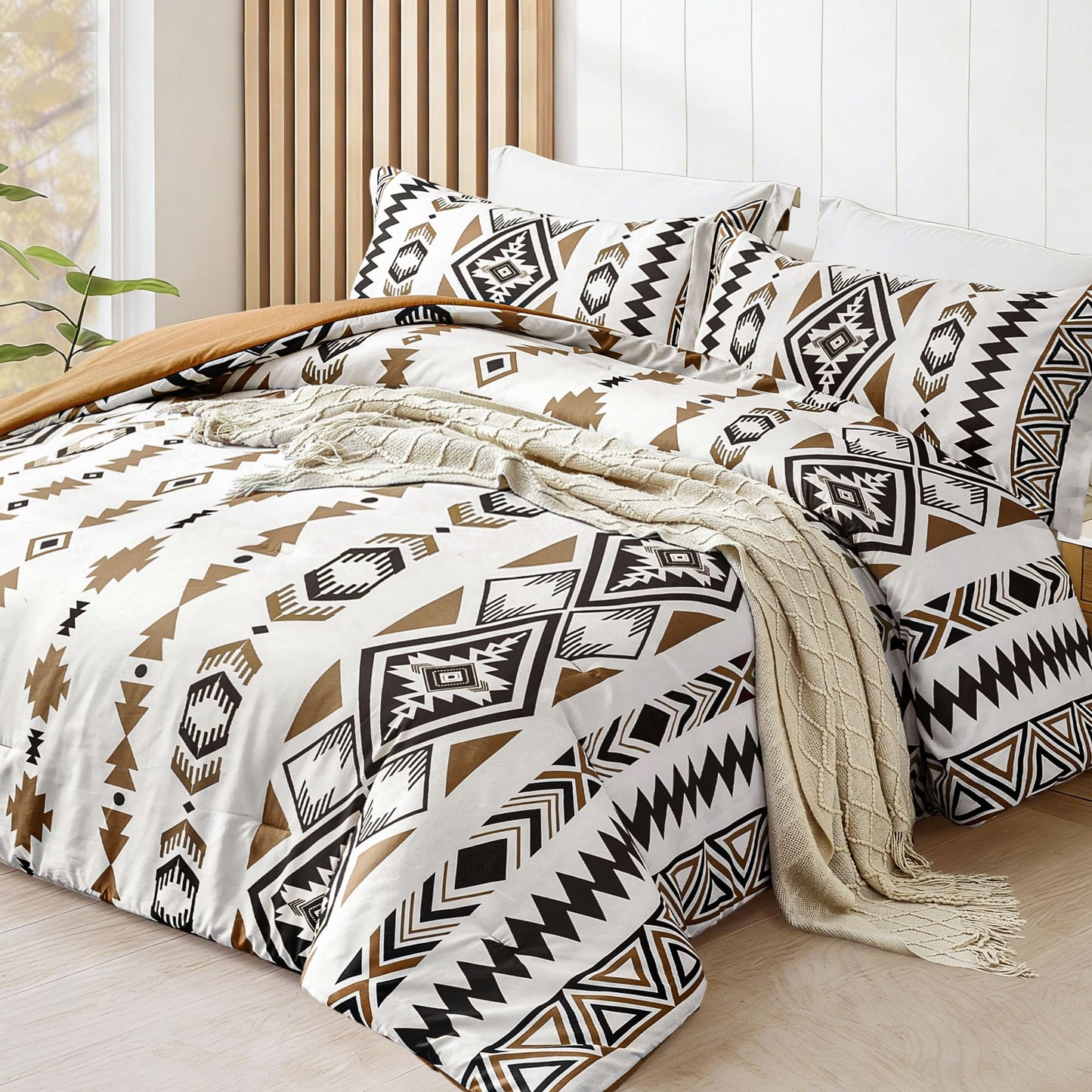 Tyrot King Comforter Set – 3 Piece Brown Boho Aztec Bedding, Western Southwestern Style Comforter Sets, Soft Lightweight Comforter for All Seasons, 1 Comforter & 2 Pillow Shams