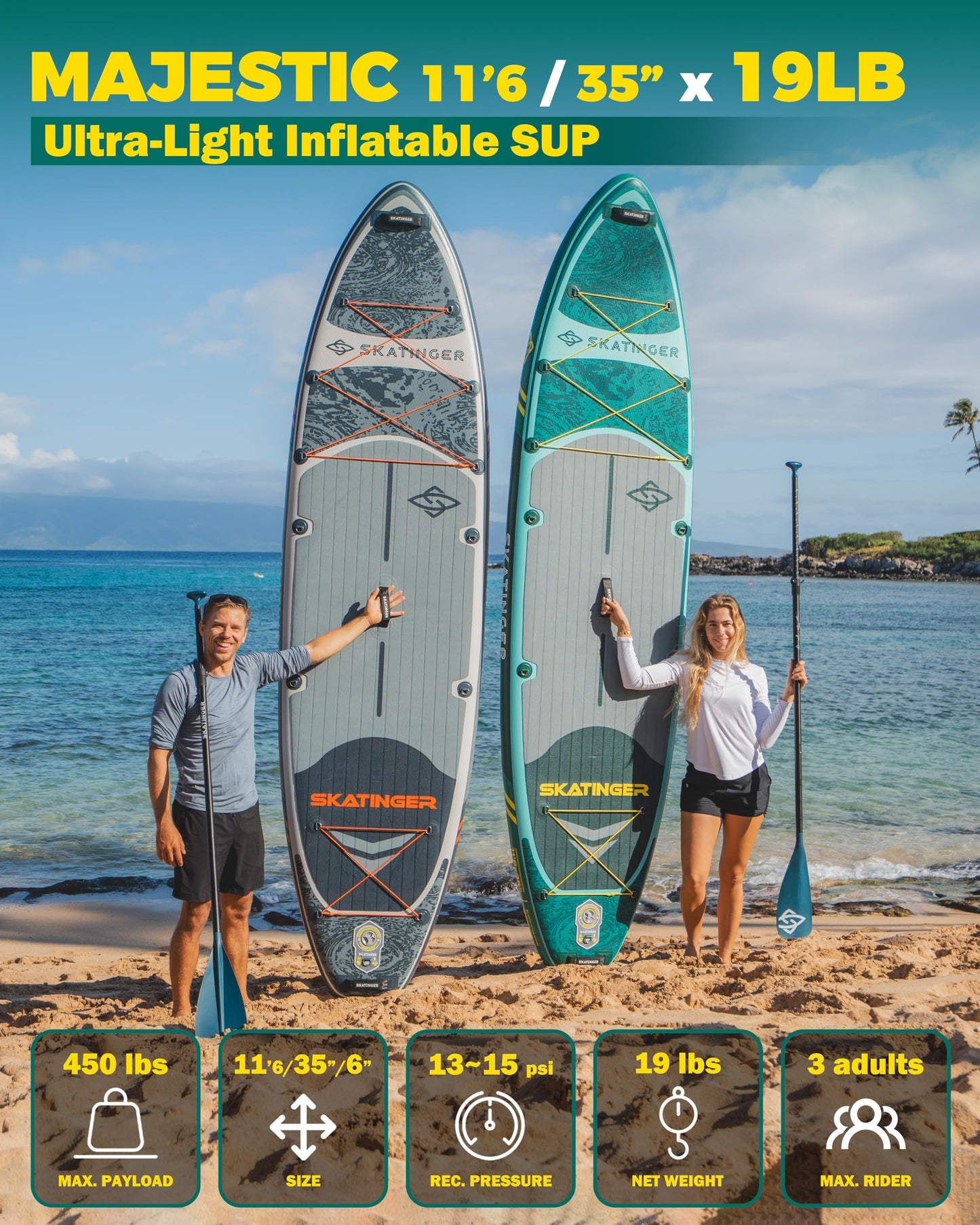 Skatinger 11'6Γ35" Super Wide Inflatable Paddle Board, Premium Woven Drop-Stitch Tech, 450lb/3 People/Family Paddle Board, Shoulder Strap, 100L Backpack, Ultra-Light, All-Round Sup Board
