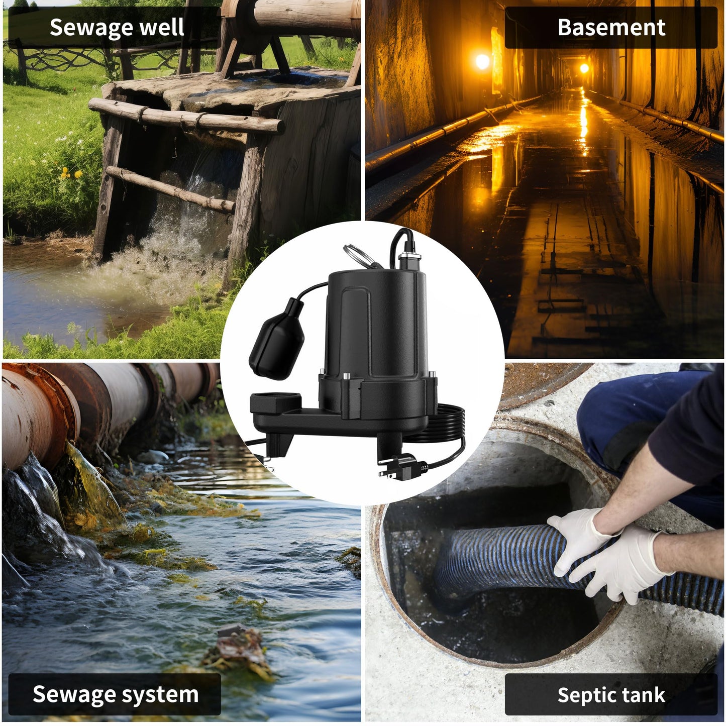 LANCHEZ 1.5 HP 53FT Submersible Sewage Pump, Heavy Duty Cast Iron Effluent Pump with Automatic Tethered Float Switch, Sump Pump for Sump Basin, Basement, Residential, 2" NPT Discharge, Black