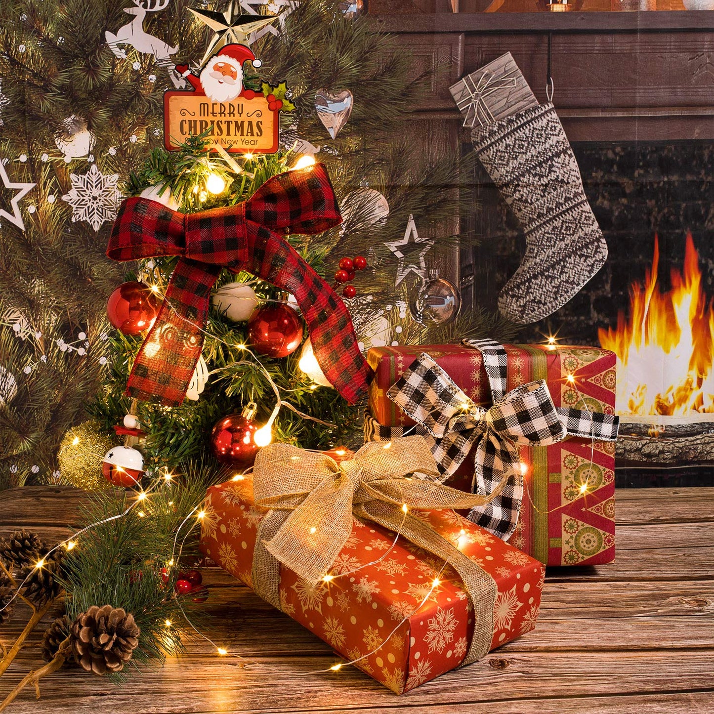 Whaline 3 Rolls Wired Edge Ribbons, 30 Yards x 2 Inches Black Red Plaid Ribbon, Black White Buffalo Plaid Ribbon and Burlap Craft Ribbon for DIY Gift Wrapping, Christmas Fall Crafts Decoration