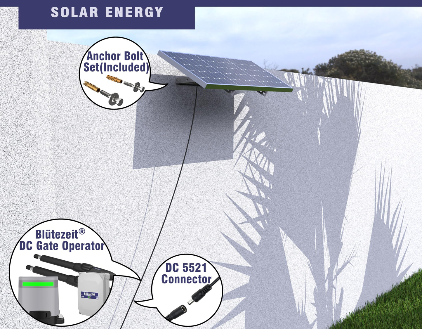 Blütezeit 1400lb Sliding Gate Opener with 35V 25W Solar Panel, WiFi Control | Backup Battery | IR Sensor | 2 Remotes Rack-Driven Slide Gate Motor