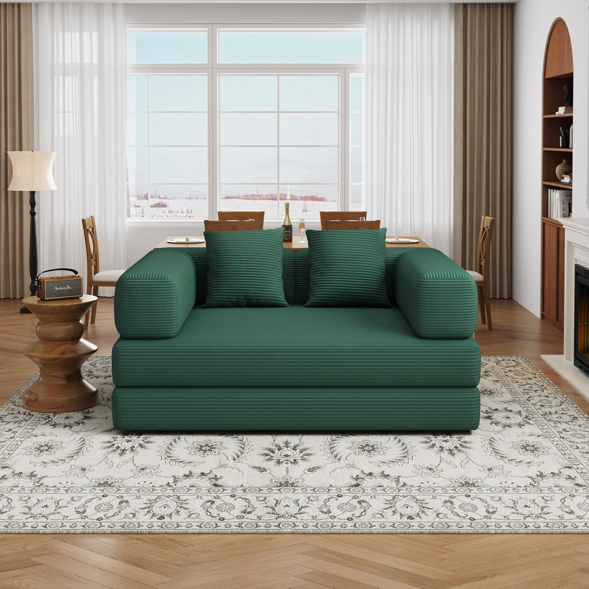 4 in 1 Convertible Sofas Boneless Couches with 2 Pillow, Modern Corduroy Futon Bed, Modular Queen Sofa with Pull-Out Bed, LoveSeat for Living Room, Small Space Apartment (Green, 53.15"Double Sofa)