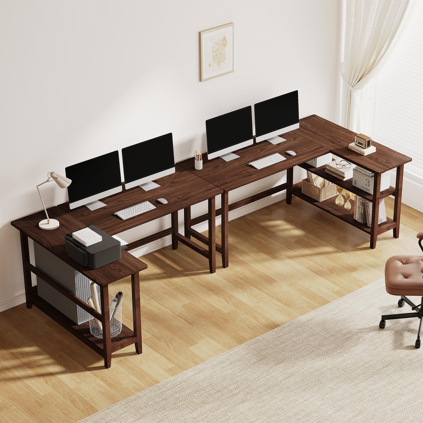 IOTXY Reversible L-Shaped Office Desk - 53" Modern Corner Computer Table with Storage Shelves, Solid Wood Legs, Home Writing & Study Workstation, Walnut