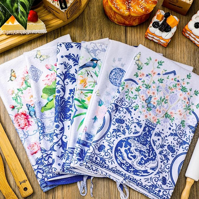 Geyoga 6 Pcs Spring Floral Kitchen Towels Flamingo Dish Hand Towels Sunflower