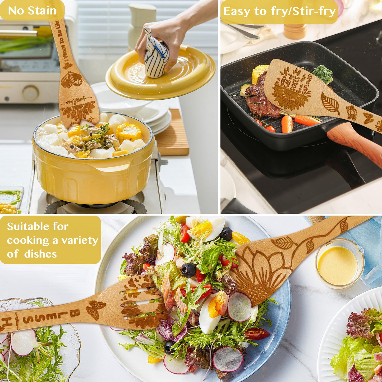 8PCS Sunflower Kitchen Bamboo Cooking Spoon Utensil Set with Apron Oven Mitt Pot Holder -Sunflower Themed Decor Gifts for Women,Mom,Housewarming,Christmas,Birthday Gift