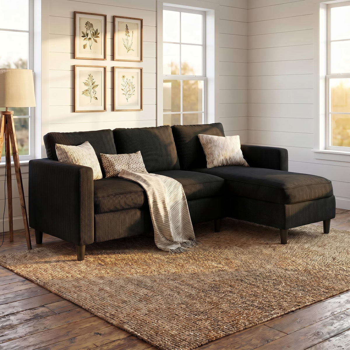 SUNLEI L-Shaped Sectional Sofa, Sectional Couches with Reversible Ottoma, 3-Seat Small Couch, Modern Ribbed Fabric Sofa for Living Room Apartment, Compact Comfy Upholstered Couch, Matte Black