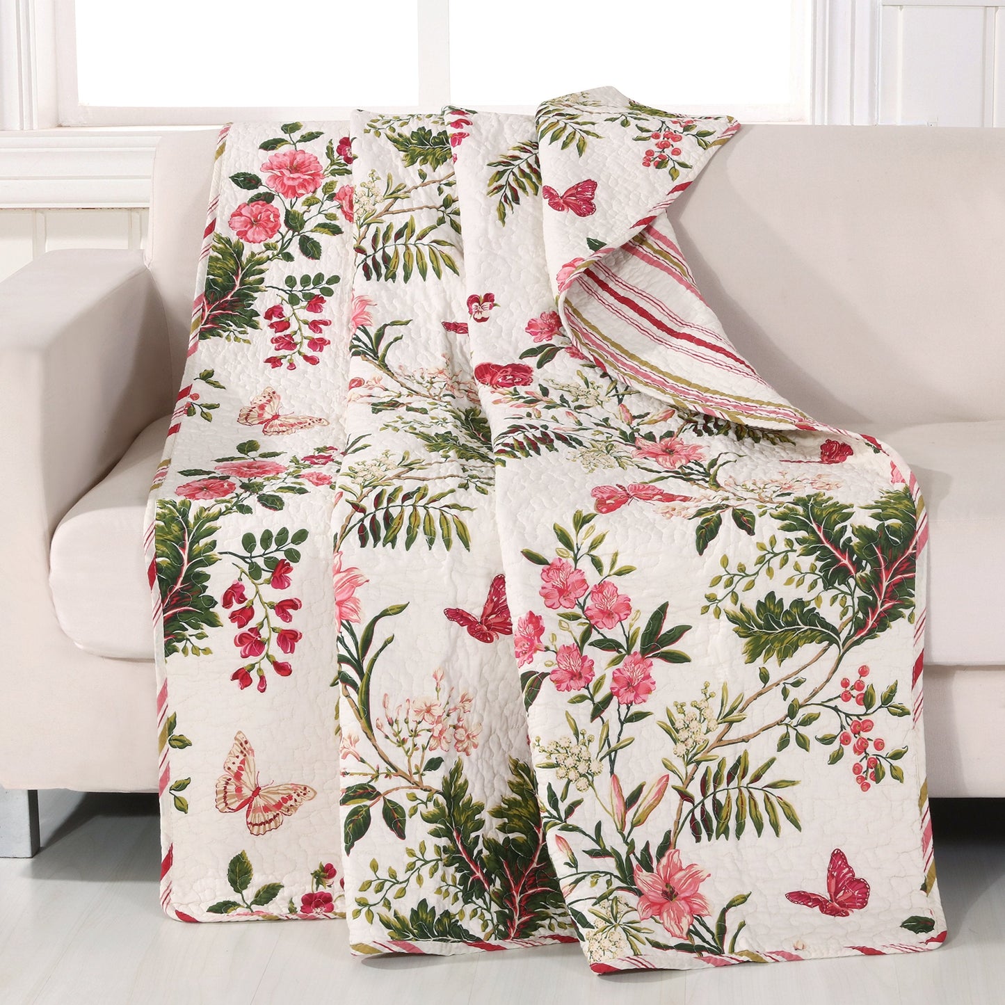 Greenland Home Butterflies 100% Cotton Quilted Botanical Throw Blanket