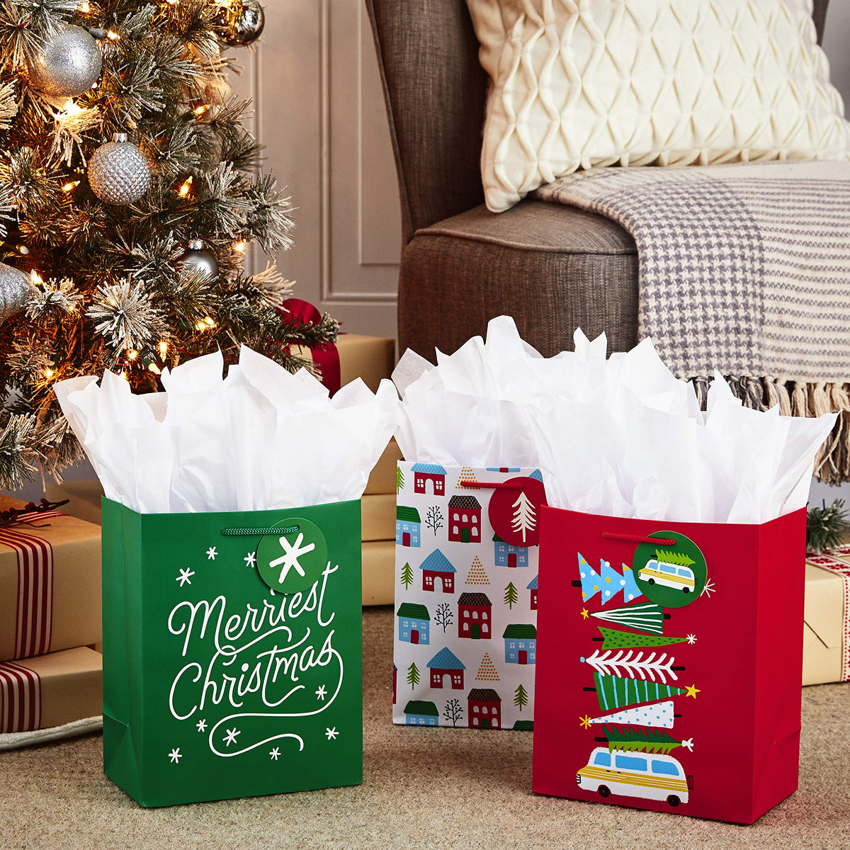 Hallmark 9" Medium Christmas Gift Bag Bundle (Pack of 6; Little Houses and Trees, MerriestChristmas, Vintage Van with ChristmasTrees) - 5XGB4890