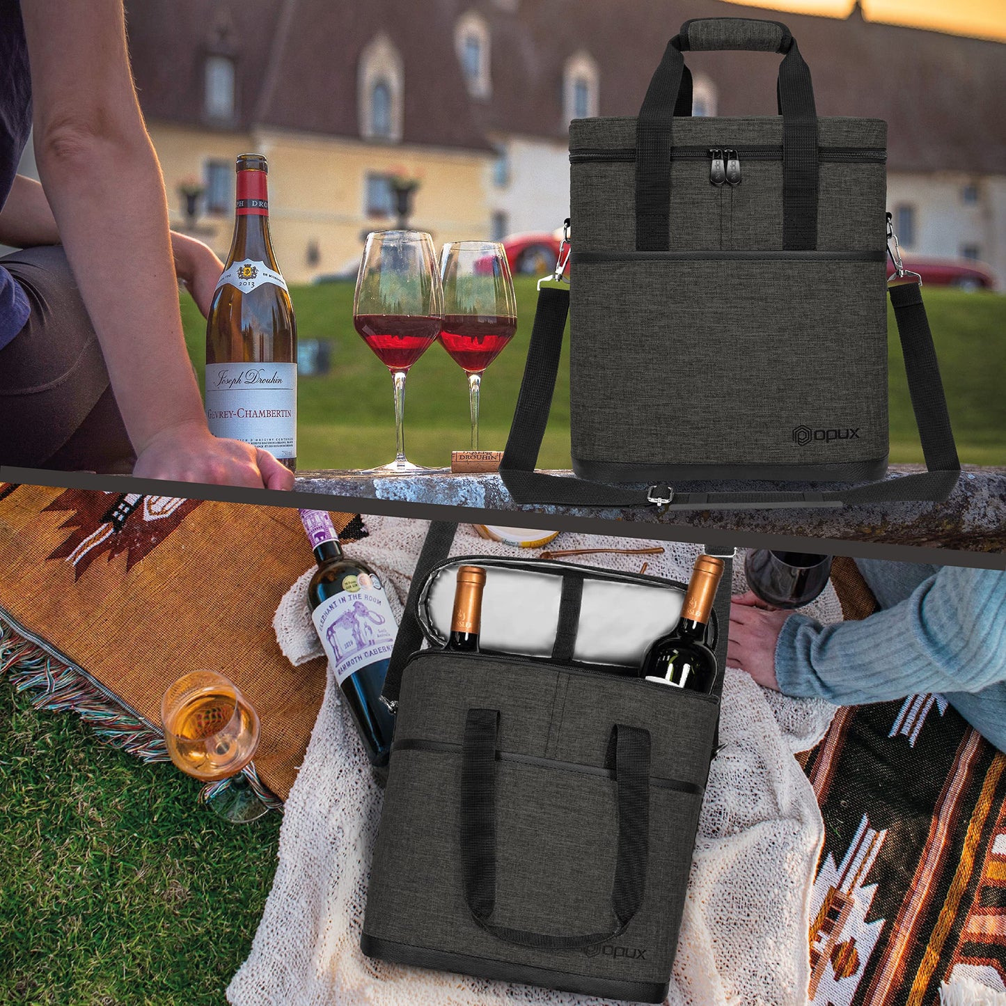 opux 3 Bottle Wine Carrier Tote, Insulated Leakproof Wine Cooler Bag, Wine Travel Bag for Picnic BYOB Beach, Portable Wine Bottle Carrying Case, Gift for Wine Lover Women Men Christmas, Charcoal Grey