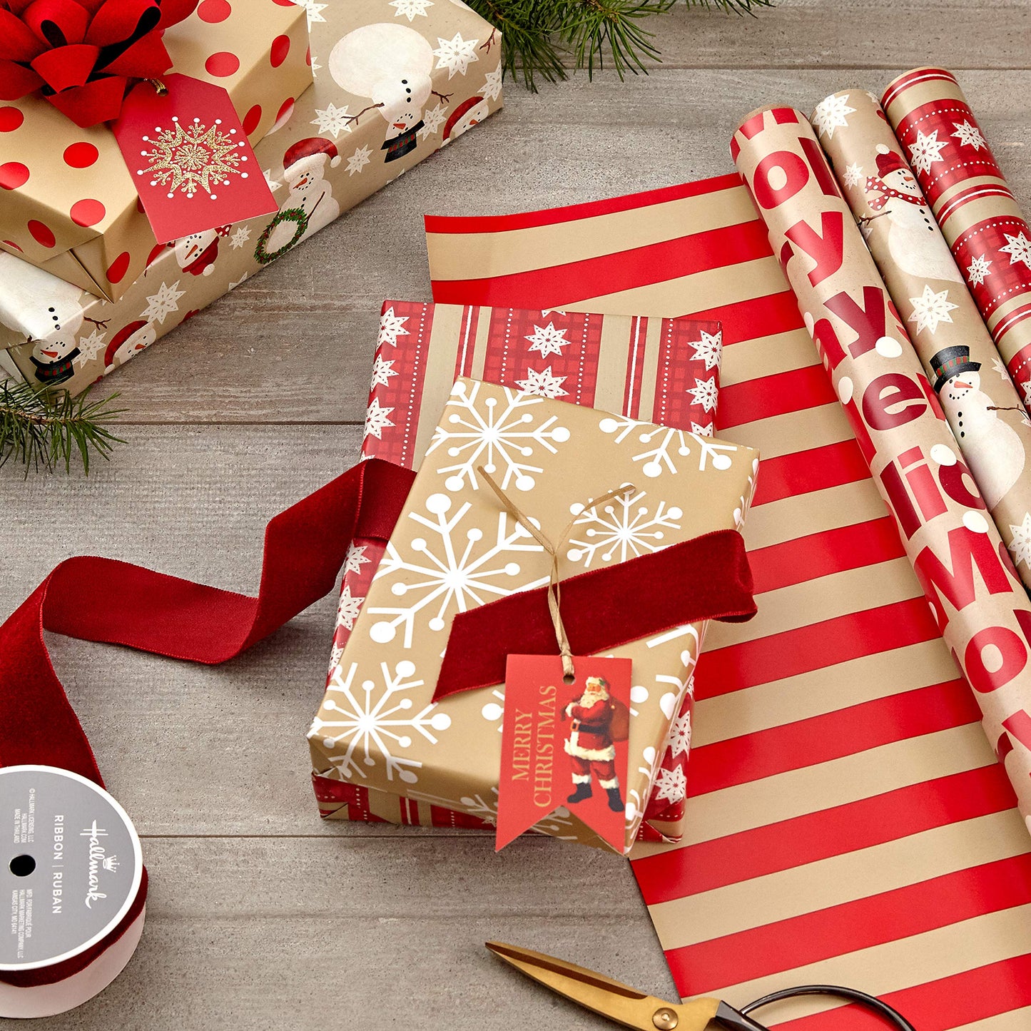 Hallmark Reversible Christmas Wrapping Paper (3 Rolls: 120 sq. ft. ttl) Merry Holidays, Snowflakes, Snowmen, Red Stripes