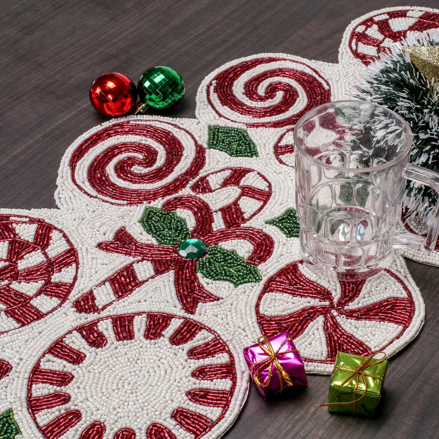 Luxury Beaded Runner 36 inch- Premium 13x36 Inch Candy Beaded & Polyester Christmas Beaded Runner - Decor for Home, Dining Tables, Weddings & Holiday Celebrations (White Red Green) - ALPHA Living HOME