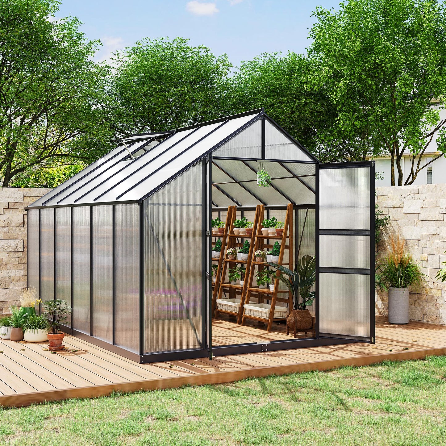 PeacefulHues Aluminum Frame with Polycarbonate Panel Outdoor Greenhouse - Large 8*12 FT Garden Greenhouse, Polycarbonate with Roof Vent, Quick Setup Aluminum Structure