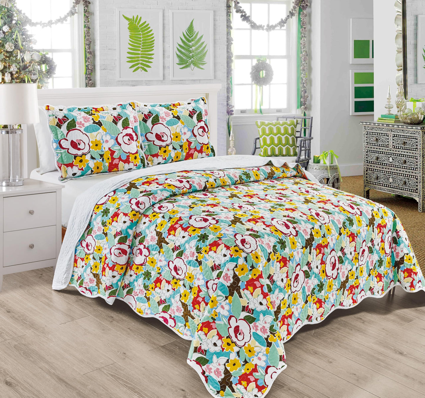 Grand Linen 3-Piece King Size Boho Oversized Quilt Set 120 inch X 106 inch All Seasons Large Bedspread, Pillow Shams Lightweight Soft Coverlet Blue Yellow Green Red Colors Bed Cover Floral Pattern